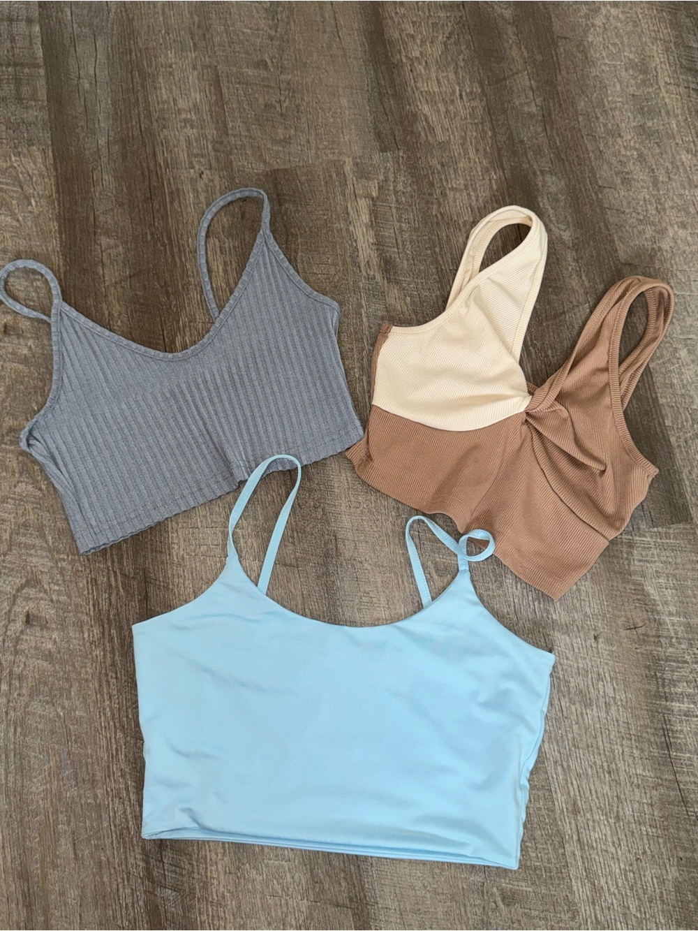 3 Piece Bundle Women's Crop Tops - Blue, Gray, Cream & Brown, Size XS/S